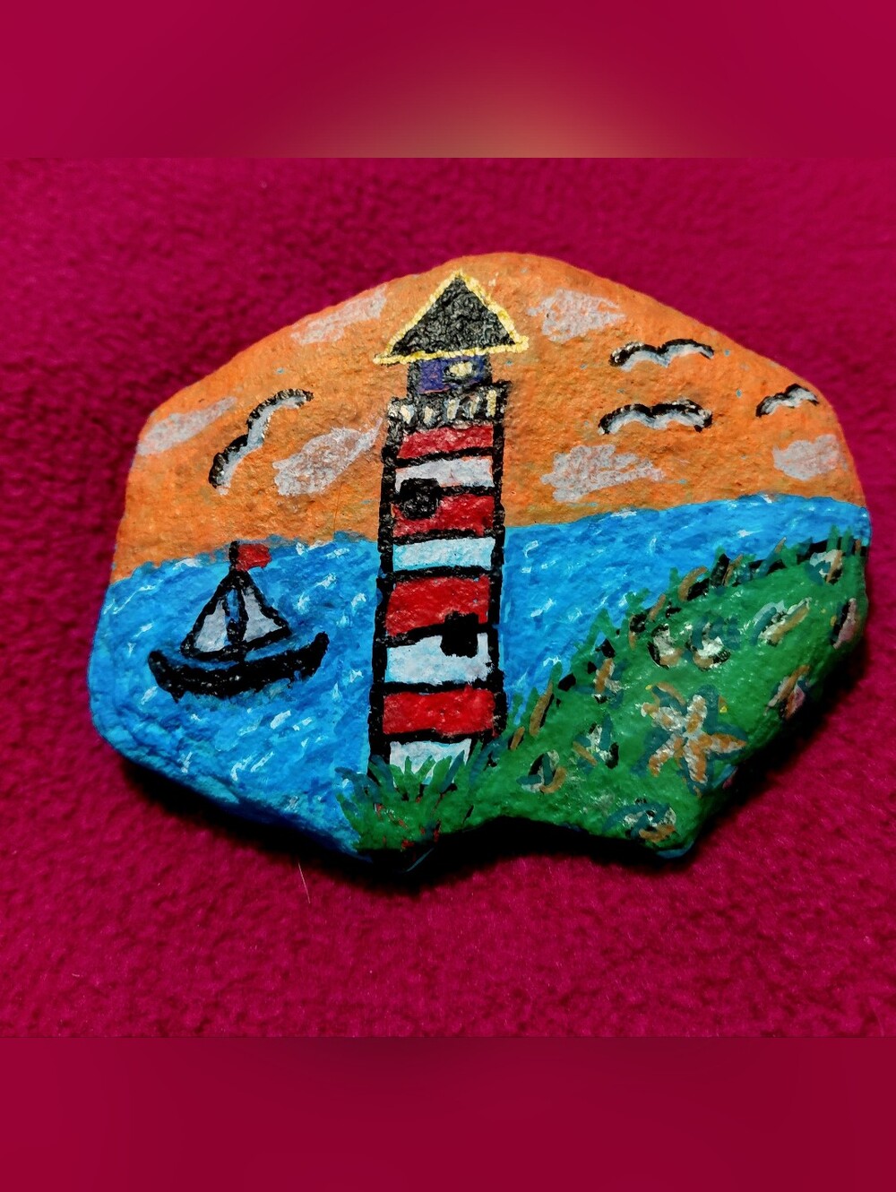 Hand painted rock light house   4.5x3.5 " Paperweight, Garden,shelf